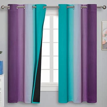 Imagem de Cortinas degradê azul-petróleo e roxo 153 cm de comprimento, 2 painéis, cortinas blackout padrão de linha ombré e ondulada para quarto de crianças, cortinas com ilhós isolados térmicos com bloqueio de