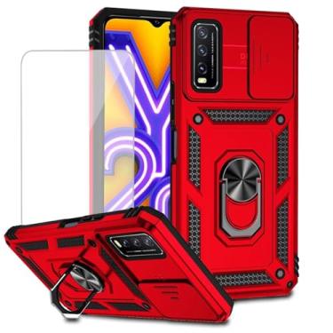 Imagem de Yodueiv Capa para Vivo Y20, capa V2029 com protetor de tela de vidro temperado e capa de câmera deslizante, anel magnético para suporte de carro capa protetora para Vivo Y20 Vermelho