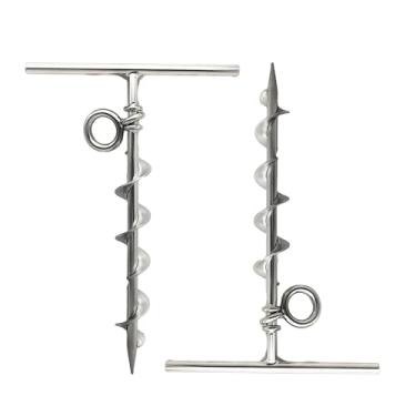 Imagem de Marine City aço inoxidável marinho grau longo aperto Spiral escora à terra com um O-Ring para amarração na praia, barraca de camping, Screw Dog Tie-Out estaca quintal (2pcs)