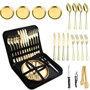 Imagem de A · HOUSEWARE Conjunto de talheres de acampamento dourado para 4 conjuntos de piquenique portátil com bolsa com zíper inclui pratos de jantar, colher, garfo, faca, abridor de garrafas, pinças de alimentos, kit completo, compacto, durável, fácil de limpar