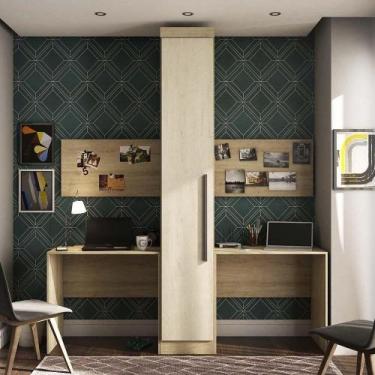 Imagem de Guarda Roupa 1 Porta 4 Prateleiras 2 Escrivaninhas Avelã - KIT