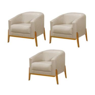 Imagem de Kit 3 Poltronas Living Base em Madeira Maciça Flórida Linho Capuccino 