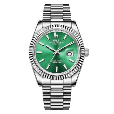 Imagem de BUREI Relógios masculinos luxuosos de aço inoxidável, analógicos, modernos, à prova d'água, presentes para homens, Verde - Pulseira prata, Luxo, negócios, clássico, elegante, elegante e casual