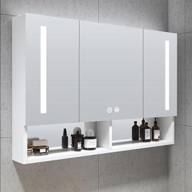 Imagem de Armário de medicamentos de LED com espelho 2 portas iluminado armário de remédios com desembaçador, 88 x 71 cm iluminado armário de espelho de LED para banheiro moldura de metal, branco, 90 x 68 x 13