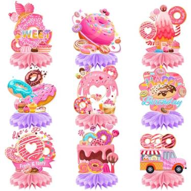 Imagem de 9Pcs Donut Birthday Party Decorations Donut Honeycomb Table Centrepieces Dessert Themed Party Centrepieces Ice Cream Cake Donut Grown Up Party Decorations Female Baby Shower Table Decorations