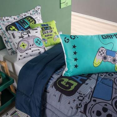 Imagem de Kit Edredom Solteiro 5 Peças Infantil juvenil Diversão Gamer Menino Hipercal 400 Fios