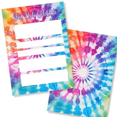 Imagem de Convites de festa de aniversário tie dye (20 unidades com envelopes) - Anúncios de eventos coloridos arco-íris para todas as ocasiões - crianças, adultos, festa dos anos 60, festa dos anos 70,