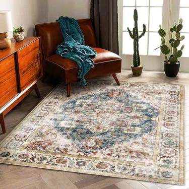 Imagem de CHAMPLANT Tapete lavável 1,5 m x 18 m para sala de estar retrô bege azul boho chique medalhão design envelhecido interior antiderrapante grande persa oriental tapete para cozinha, quarto, escritório
