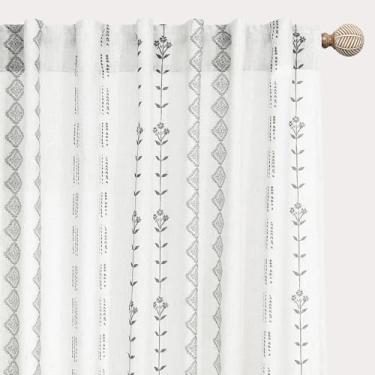 Imagem de Cortinas de porta deslizante, 246 cm de comprimento, para pátio, conjuntos de 2 painéis, cortinas com estampa boho de linho transparente para sala de estar, branco