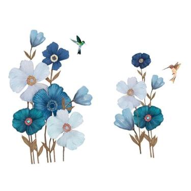 Imagem de Kuntesetty Adesivo de Parede Floral Azul PVC Ornamentos Flores Pássaros Plantas Adesivos de Parede