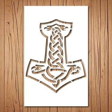 Imagem de Generic Estêncil Viking Mjolnir | Estêncil celta reutilizável para pintura em madeira, vidro, parede, pedra, paredes, tela, vidro, pintura em spray, aerografia | Modelo de estêncil Vikings (18 cm x 23