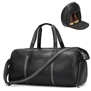 Imagem de LUUFAN Bolsa de viagem de couro genuíno de grande capacidade com compartimento para sapatos, bolsa de ombro de fim de semana para mulheres e homens, viagens de negócios (56 cm - preta), 55 cm - preto,