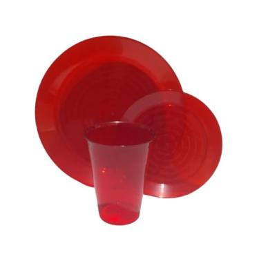 Imagem de Kit 10 Pratos P/Sobremesa 10 Pratos P/Refeição 10 Copos Festa Descartáveis Resistentes (VERMELHO RUBY, COPOS 200 ML)