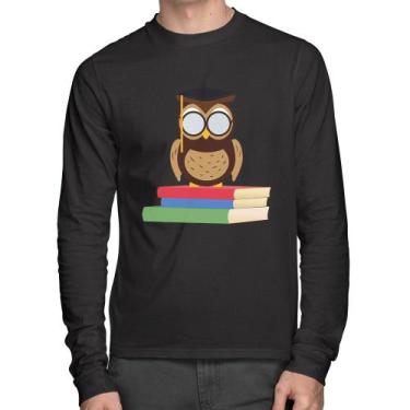 Imagem de Camiseta Algodão Coruja Estudante Manga Longa - Foca na Moda, Preto, M