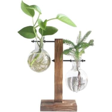 Imagem de Vaso de Vidro para Mesa Decorativo, Com Suporte de Madeira e Metal, c/ 2 Vasos de Vidro Redondo, Escritório