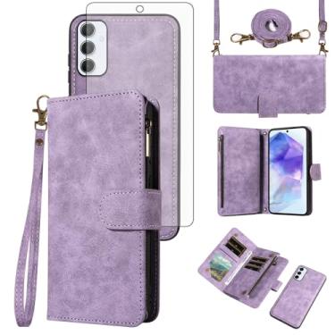 Imagem de Asuwish Capa de celular para Samsung Galaxy A55 5G carteira com zíper destacável com protetor de tela de vidro temperado alça transversal alça flip porta-cartão A 55 55A A555G mulheres homens meninas