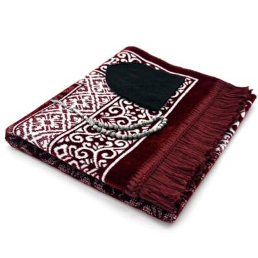Imagem de ESERRA Tapete de oração de veludo tudo em um conjunto para o Islã - Tapete grosso de oração muçulmana, chapéu Kufi preto, pedra jaspe 33 contas de oração, estojo de viagem de algodão - presentes