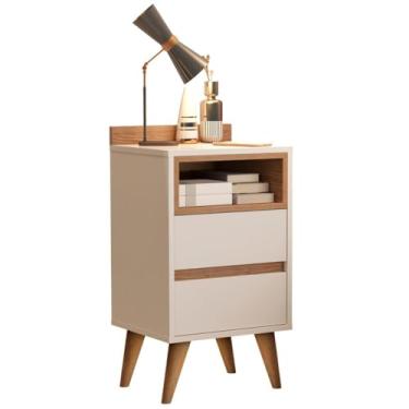Imagem de Mesa de Cabeceira Criado Mudo Retrô com Pés Palito 2 Gavetas e Nicho para Quarto Móvel Compacto Funcional e Sofisticado para Organização e Decoração- Alamo (Bege)