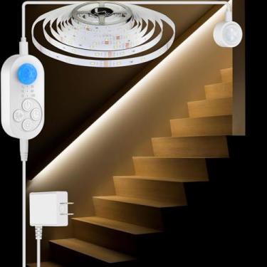 Imagem de GOOMEEYA Luz De Sensor De Movimento Duplo Para Ambientes Internos - Fita De Luz De Escada Led Ativada Por Movimento Plug-In Com Sensores Duplos, Dimmer E Temporizador Para Escada, Quarto, Corredor (