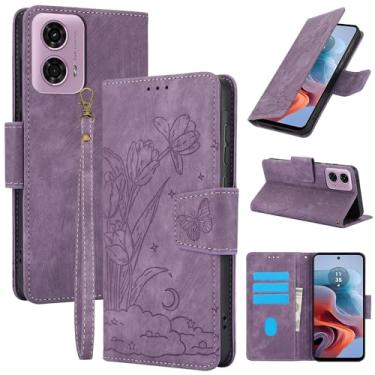 Imagem de Capa carteira de couro com padrão floral para Motorola Moto G24, com 3 compartimentos para cartão e alça de pulso para mulheres, design de TPU à prova de choque com fecho magnético (roxo)