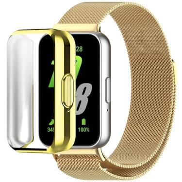 Imagem de QIEMUTER Pulseira de relógio compatível com Samsung Galaxy Fit 3 com capa de TPU, pulseira esportiva de malha de aço inoxidável, capa protetora de tela para Samsung Fit 3 (dourada)