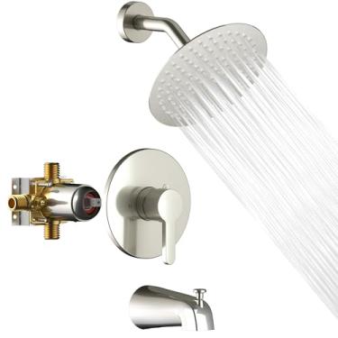 Imagem de Lavatrum Conjunto De Torneira De Chuveiro De Banheira Premium Com Válvula De Balanceamento De Alta Pressão, Montagem Na Parede, Escova Redonda De 8 Polegadas, Cabeça De Chuveiro De Níquel E Bica De