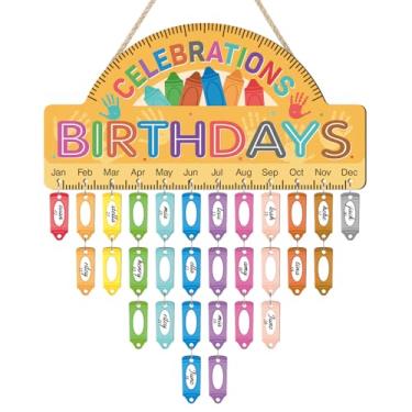 Imagem de LHIUEM Crayon Birthday Bulletin Board Decorações Celebrate Birthday Chart Wood Flip Calendar (20 x 40.6 cm), calendário de feliz aniversário, pendurar na parede, pastel, com 108 peças, lápis, nomes,