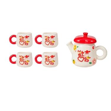 Imagem de Conjunto de chá festivo criativo e personalizado, conjunto de água de cerâmica para chá da tarde de casamento doméstico - conjunto de água feliz - um pote e quatro xícaras