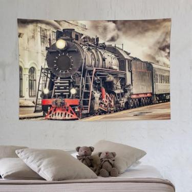 Imagem de Tapeçaria antiga para pendurar na parede vintage industrial motor a vapor antigo ferroviário estrada estação de trem tapeçarias decoração de casa para sala de estar quarto apartamento fazenda