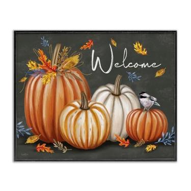Imagem de Stupell Industries Welcome with Autumnal Pumpkins Design de parede giclée emoldurado preto por Elizabeth Tyndall, 20 x 16