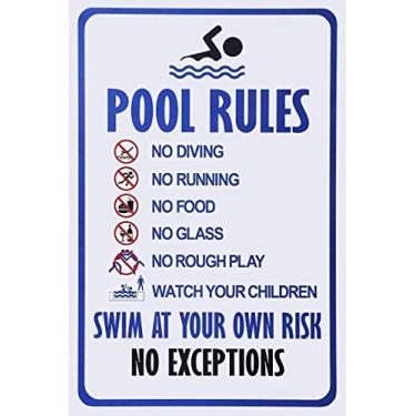 Imagem de nobrand Decoração de parede regras personalizadas de piscina com seu próprio risco sinal de aviso de natação, piscina, placa de lata de segurança para parque aquático 30 x 20 cm placas de metal