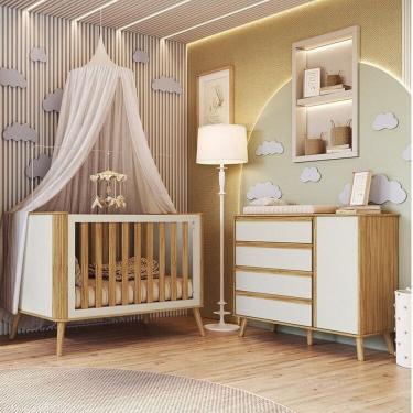 Imagem de Quarto de Bebê com Cômoda 4 Gavetas e Berço Minicama Luly 100% Mdf Espresso Móveis Branco Brilho/Amêndoa