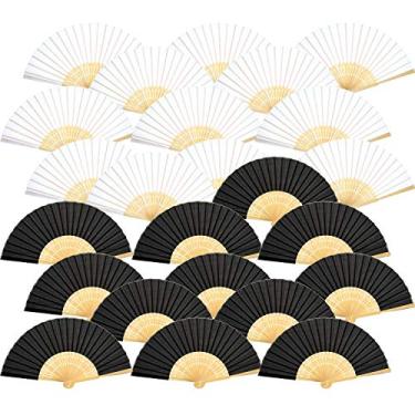 Imagem de Bememo Ventiladores portáteis de seda bambu dobrável ventilador dobrável portátil para presente de casamento na igreja, lembrancinhas de festa, decoração DIY (branco e preto, pacote com 24)
