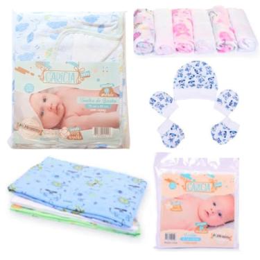 Imagem de Enxoval Maternidade Bebê Recém Nascido Kit 20 Peças Toalha Capuz Forrada Fralda Cueiro Pano de Boca Touca Sapatinho Luva Roupas Flanelado Estampado Menino Menina Neutro Sem Genero (Azul)