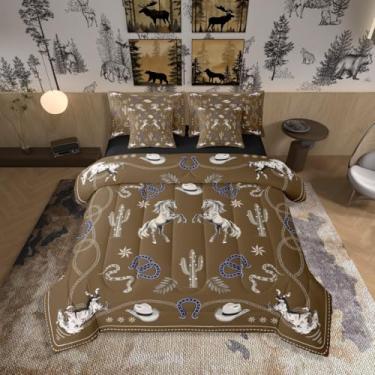 Imagem de Manfei Conjunto de cama caubói ocidental em uma bolsa, 7 peças, conjunto de cama rústico tribal estrela ferradura marrom ferradura, cavalos, cacto, edredom retrô com elástico, lençol de cima, fronha