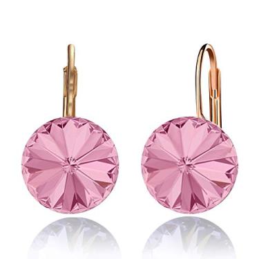 Imagem de Brincos de gota redondos de cristal Swarovski para mulheres, brincos de argola banhados a ouro 14 quilates, hipoalergênicos rosa