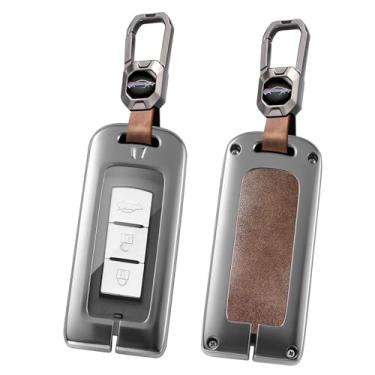 Imagem de HIBEYO Capa Smart Key Fob compatível com Mitsubishi Outlander Sport Eclipse Cross ASX Mirage RVR Lancer Fortis Ex Acessórios Capa de chave de couro de liga com chaveiros - Chaveiro curto marrom