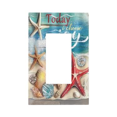 Imagem de Concha de praia estrela do mar em placa de madeira 1 interruptor de interruptor de luz basculante decorativo decoração única placa de parede placa de interruptor GFCI para decoração de quarto de banheiro country