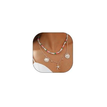 Imagem de Colar Beachy Surfista, oceano, ouro/prata, estrela-do-mar, concha de pérola, colar feminino com contas douradas, contas coloridas, gargantilha em camadas, colar com pingente de concha de estrela do