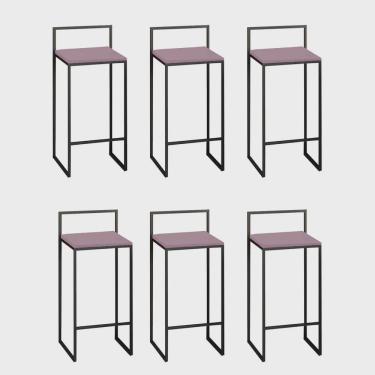 Imagem de Kit 06 Banquetas Alta Com Encosto Lino Industrial Balcão Bistrô Ferro Preto mdf Madeira Rose Gold - Ahz Móveis