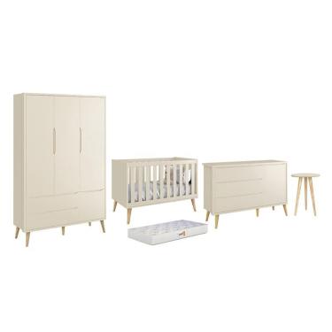 Imagem de Dormitório Theo 3 Portas, Mesa de Canto com Pés Madeira Natural e Colchão D18 - Reller...