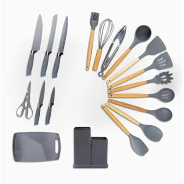 Imagem de Utensilios para Cozinha Silicone Kit com 19 Peças Cabo Madeira Suporte Faca Antiaderente Tabua Tesoura Faqueiro (Cinza) - YODHE