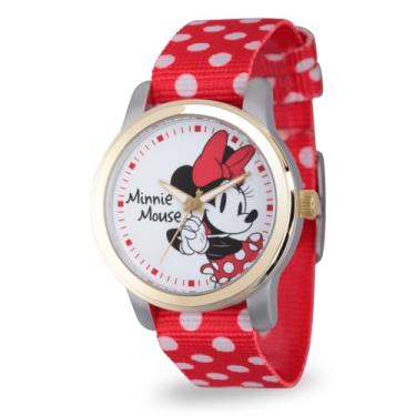 Imagem de Disney Relógio feminino de liga de dois tons Minnie Mouse, pulseira de nylon reversível vermelho com bolinhas brancas, W002882