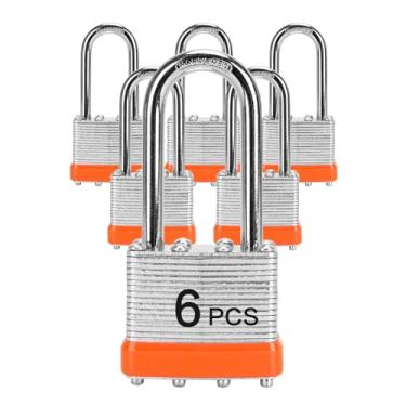 Imagem de LQYN Cadeado laminado com chave (1-9/40.6 cm, 40 mm), fechaduras semelhantes com chave, aro laranja, grilhão longo, pacote com 6, trava para armário de academia, bagagem, mala, bagagem, caixa de