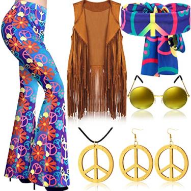 Imagem de Haull Conjunto de 7 peças de roupas femininas hippie discoteca dos anos 60, 70, conjunto de fantasia de Halloween, calça rodada, colete com franja, sinal de paz, Multicor, Small