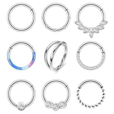 Imagem de Vegolita 9 peças 16G 316L aço inoxidável pequeno clicker anéis de septo articulados para mulheres homens CZ minúsculos aros de nariz de septo sem costura articulados segmento anel cartilagem hélice