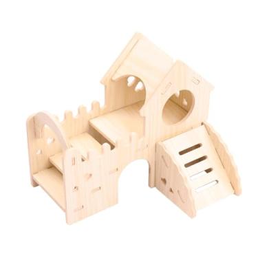 Imagem de kcrygogo Casa de hamster de madeira com escorregador e escada | Madeira maciça, segura para mastigar | Montagem DIY, resistente e durável (apenas para hamsters pequenos)
