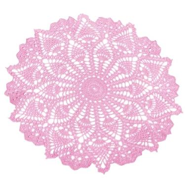 Imagem de SUNONE11HKA Jogo americano com borda de renda abacaxi crochê lavável mesa de cozinha decoração doily 50,8 cm (rosa, 1)