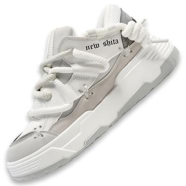 Imagem de NEW SHITA Tênis feminino de couro sintético, moderno, plataforma, grosso, leve, respirável, aumento de altura, unissex, casual, caminhada, tênis de corrida, Branco, cinza, 5.5 Women/4 Men
