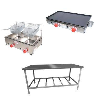 Imagem de Kit Lanchonete Mesa De Manipulação 190x70cm + Fritadeira A Gás 2 Cuba + Chapa A Gás 60cm Alcamar